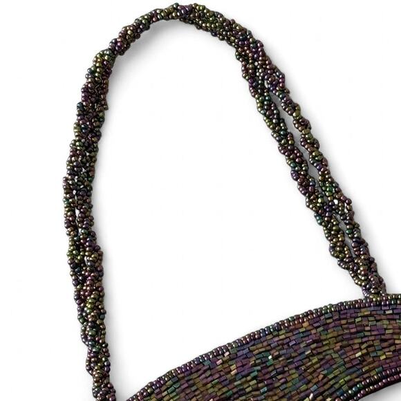 Vintage Y2K Deep Purple beaded evening bag with beaded handle and button closure - Picture 5 of 8